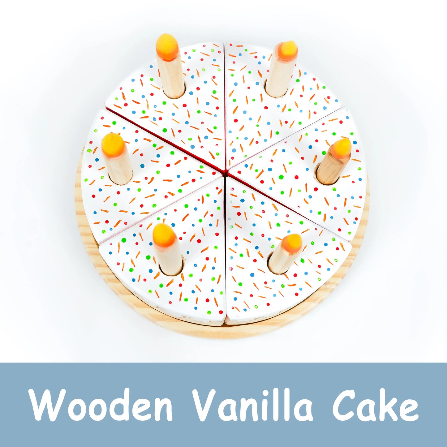 Wooden Rainbow-Filled Vanilla Cake Toy with 6 Slices & Candles | Montessori Pretend Play Set
