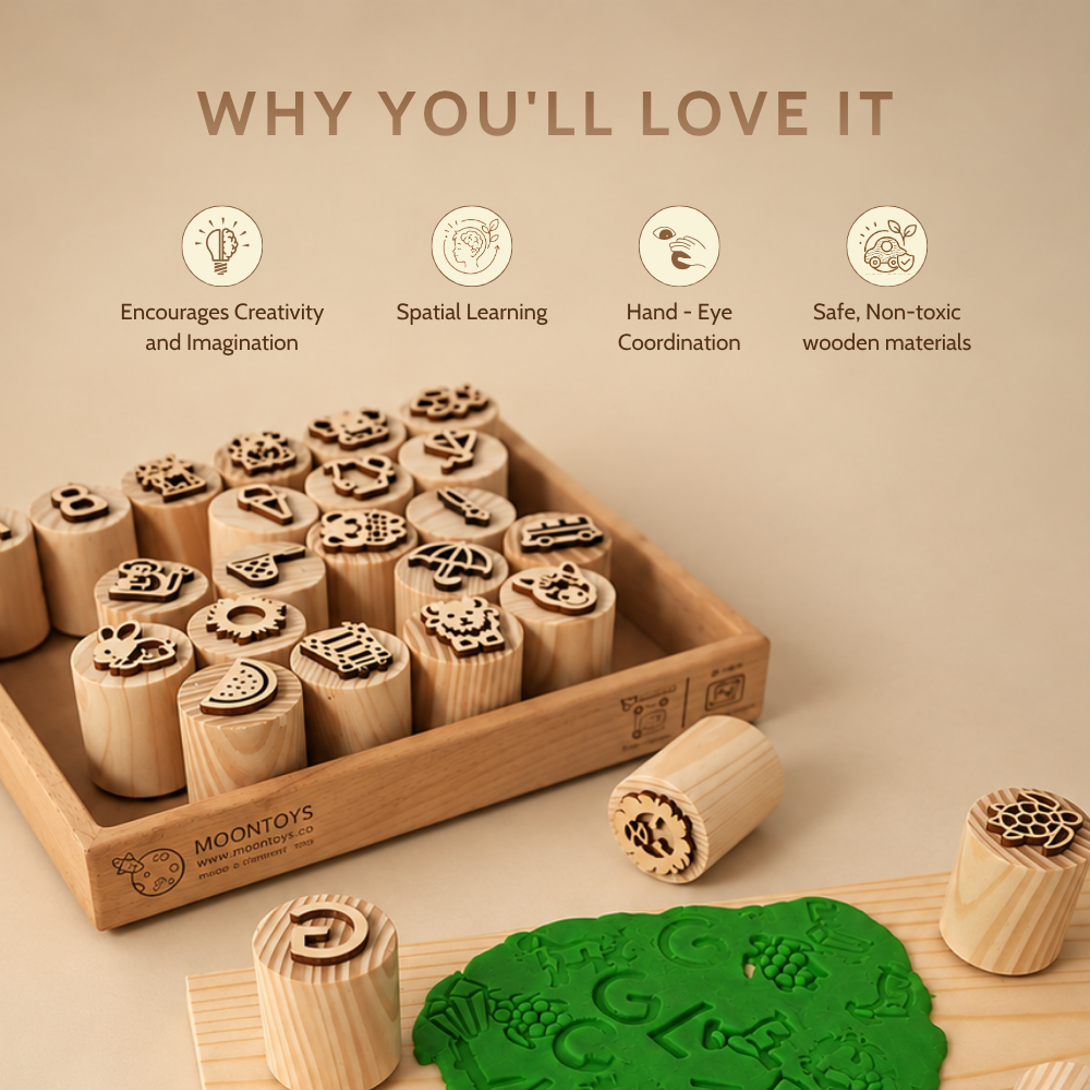 Moontoys Wooden Alphabet Stamps – Double-Sided Letter Picture Stamps