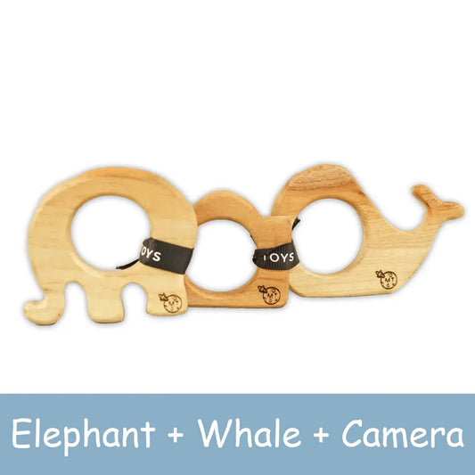 Wooden Teether Set – Elephant, Whale, Camera Teether (mini size for Pre mature)