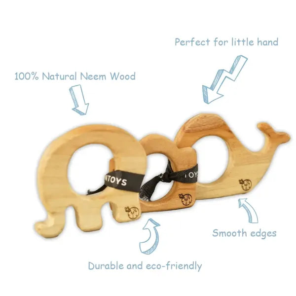 Wooden Teether Set – Elephant, Whale, Camera Teether (mini size for Pre mature)