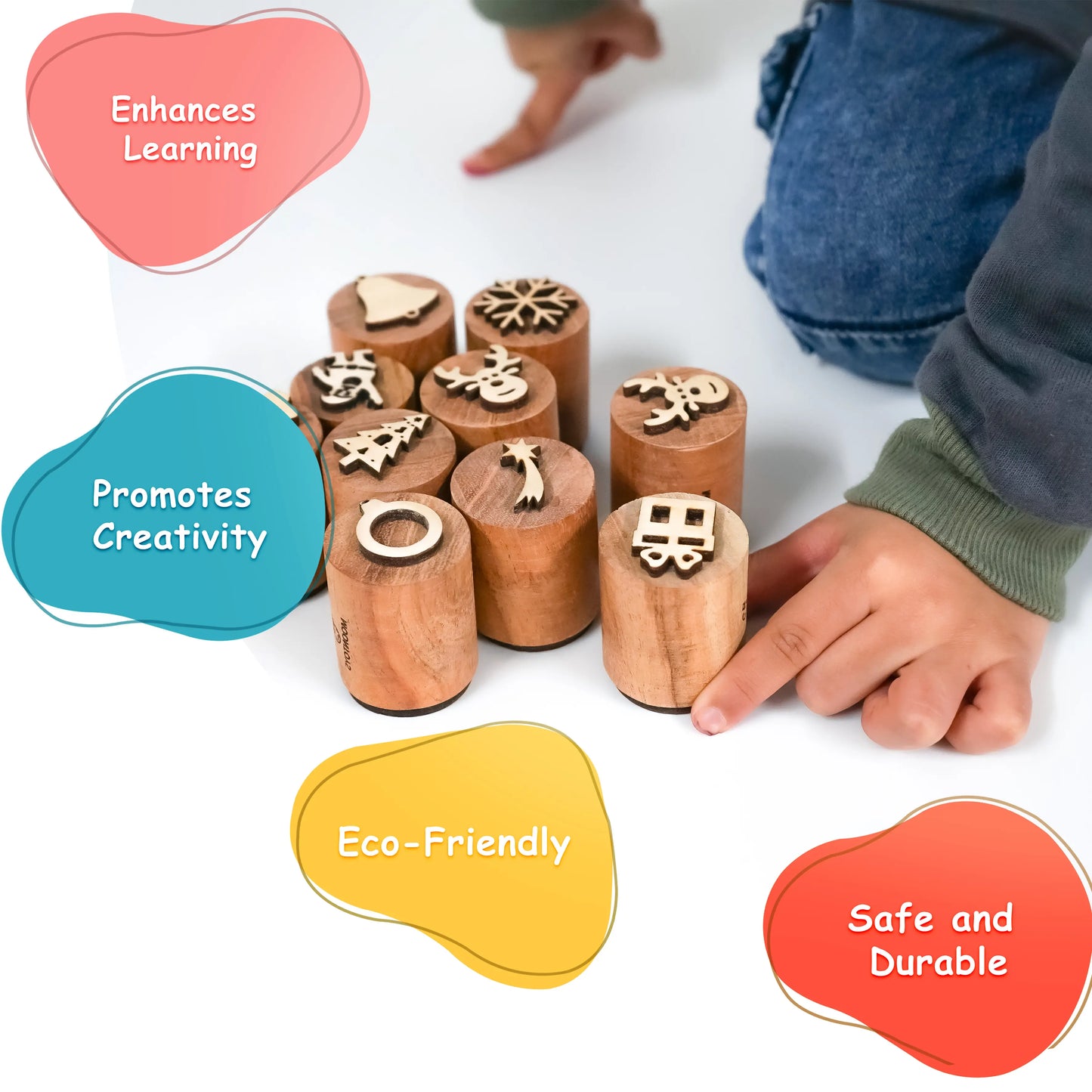 Christmas Wooden Stamp Set – 10 Piece Holiday Stamps with Dough Cutter & Roller