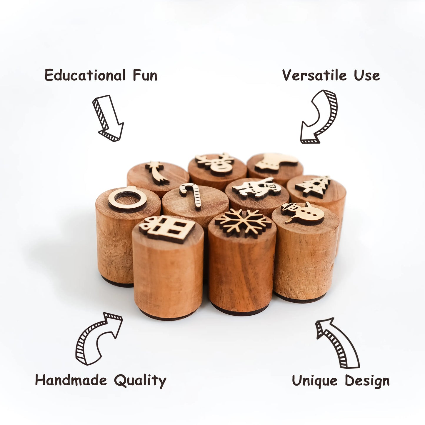 Christmas Wooden Stamp Set – 10 Piece Holiday Stamps with Dough Cutter & Roller