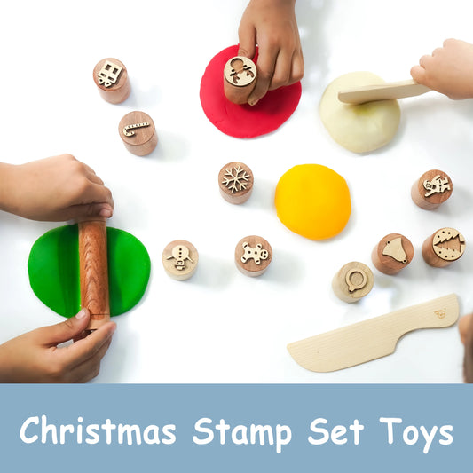 Christmas Wooden Stamp Set – 10 Piece Holiday Stamps with Dough Cutter & Roller