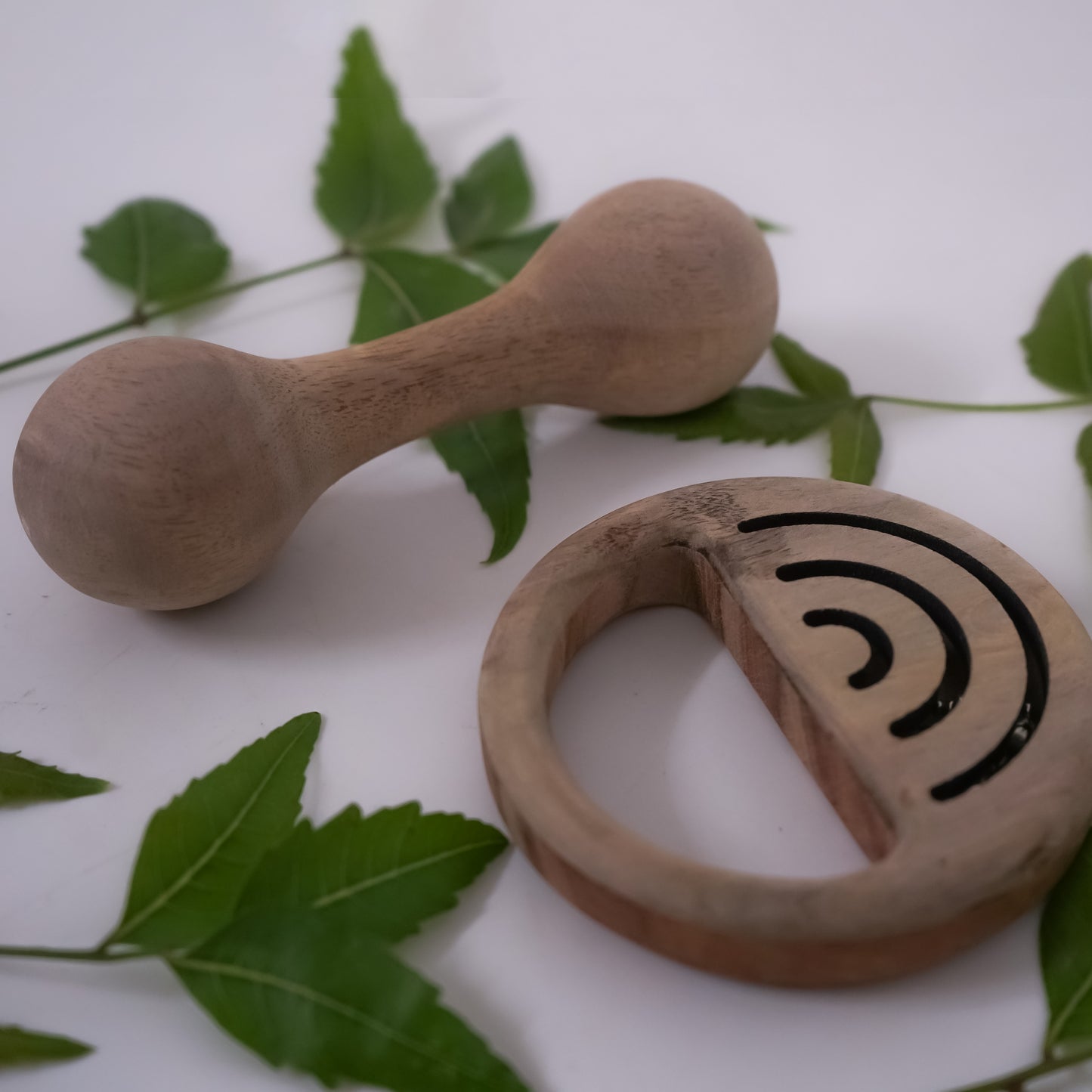 Combo Set of Dumbbell & Round Sound Wooden Rattles