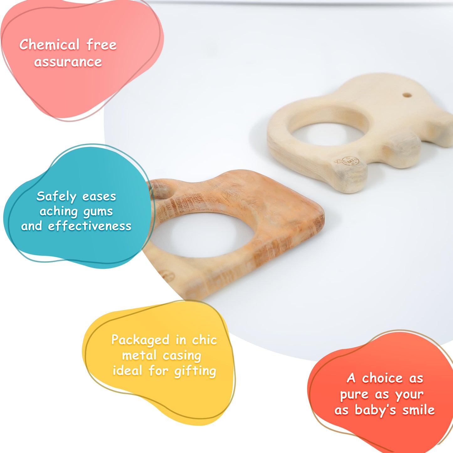 Neem Wood Teether Set – Elephant & Camera Wooden Teether