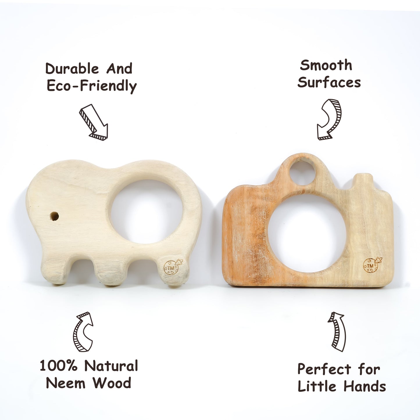 Neem Wood Teether Set – Elephant & Camera Wooden Teether