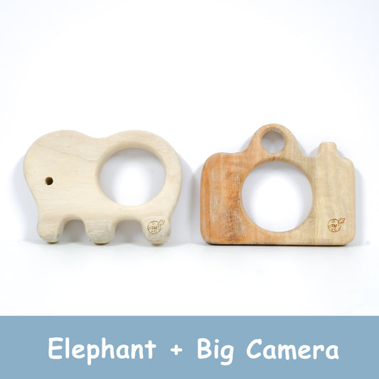 Neem Wood Teether Set – Elephant & Camera Wooden Teether