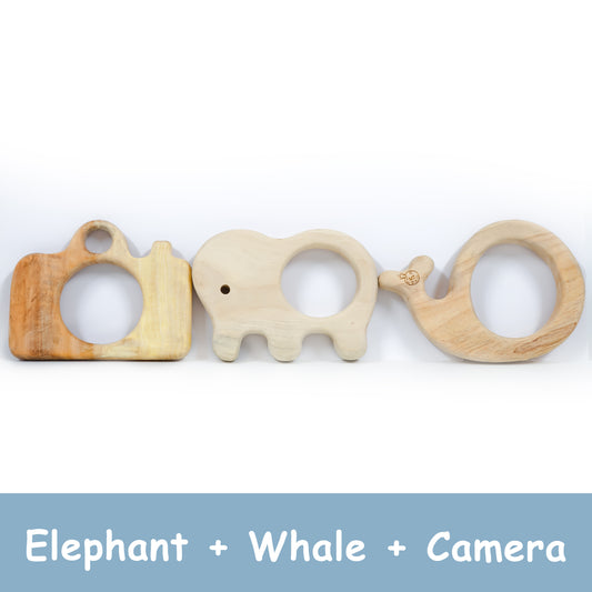 Wooden Teething Toys for Babies – Elephant, Whale & Camera Teether Set