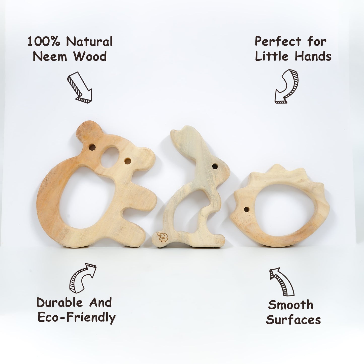 Neem Teether Toys – Rabbit, Hedgehog & Koala