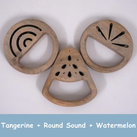 Tangerine, Round Sound & Watermelon Wooden Rattle Set | Safe Neem Wood Infant Sensory Toys