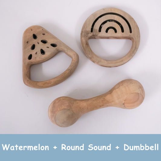 Handcrafted Wooden Rattle Set for Babies – Watermelon, Round Sound & Dumbbell