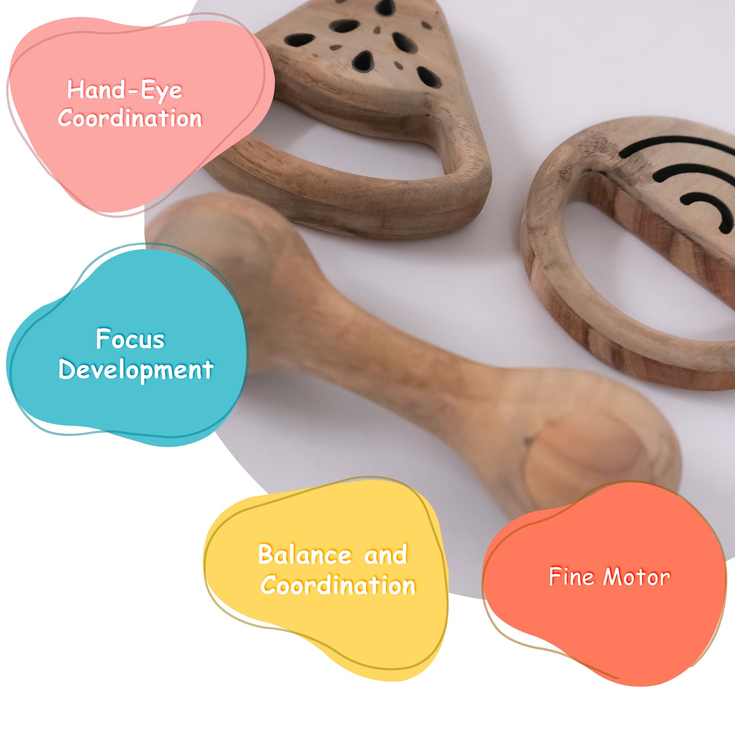 Handcrafted Wooden Rattle Set for Babies – Watermelon, Round Sound & Dumbbell