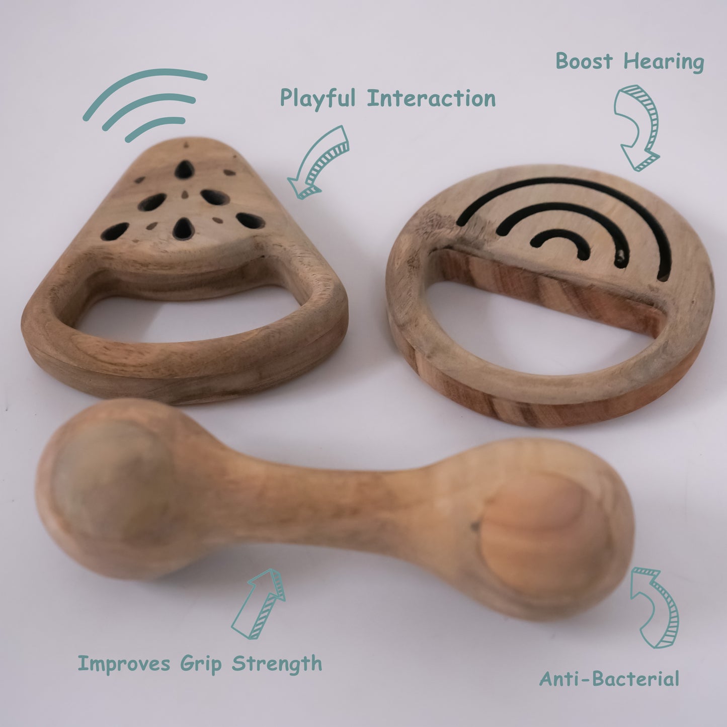 Handcrafted Wooden Rattle Set for Babies – Watermelon, Round Sound & Dumbbell