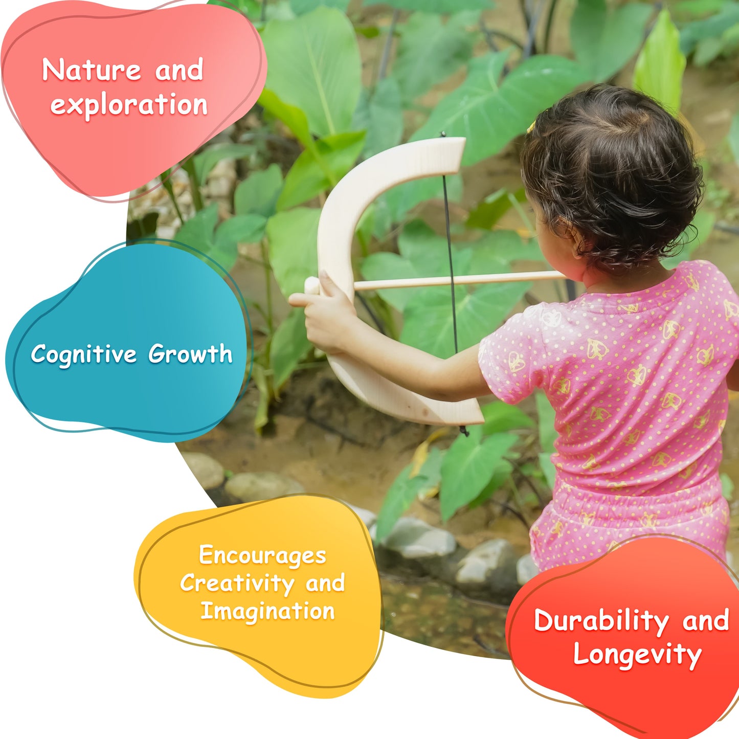 Handmade Wooden Bow and Arrow Set with Pom-Pom Arrows – Eco-Friendly Outdoor Archery Toy for Kids