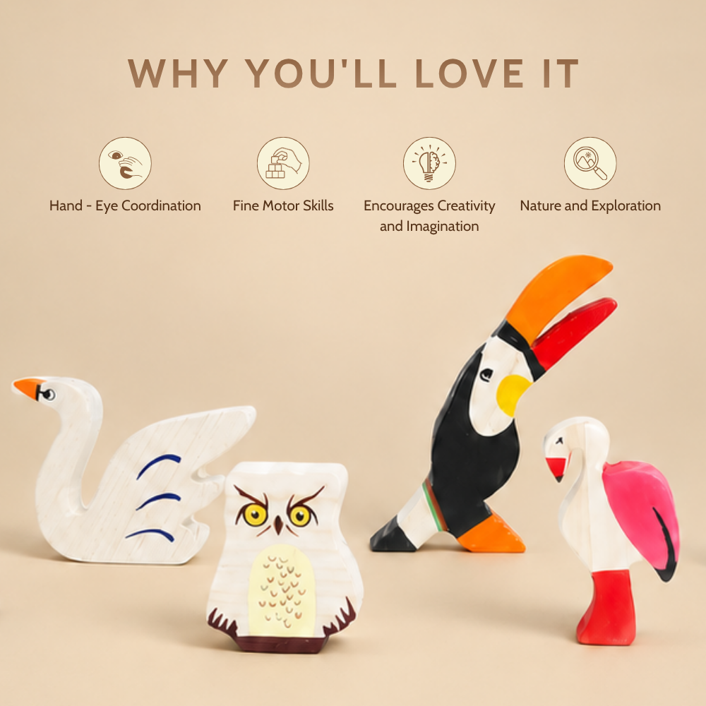 MoonBirds Wooden Bird Figurine Set – Neem Wood Montessori Toys