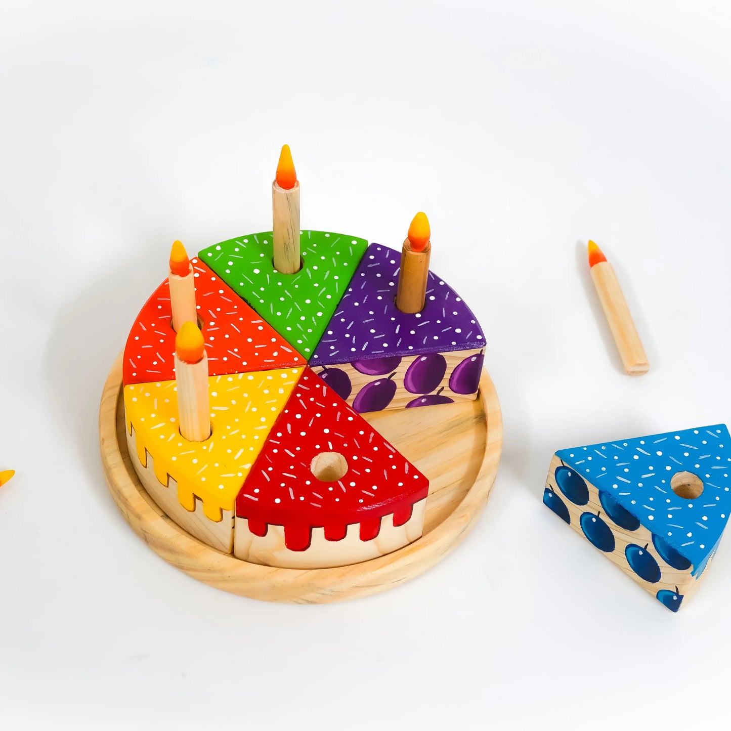 Wooden Rainbow Fruit Surprise Cake Toy 6 slices, 6 removable candles