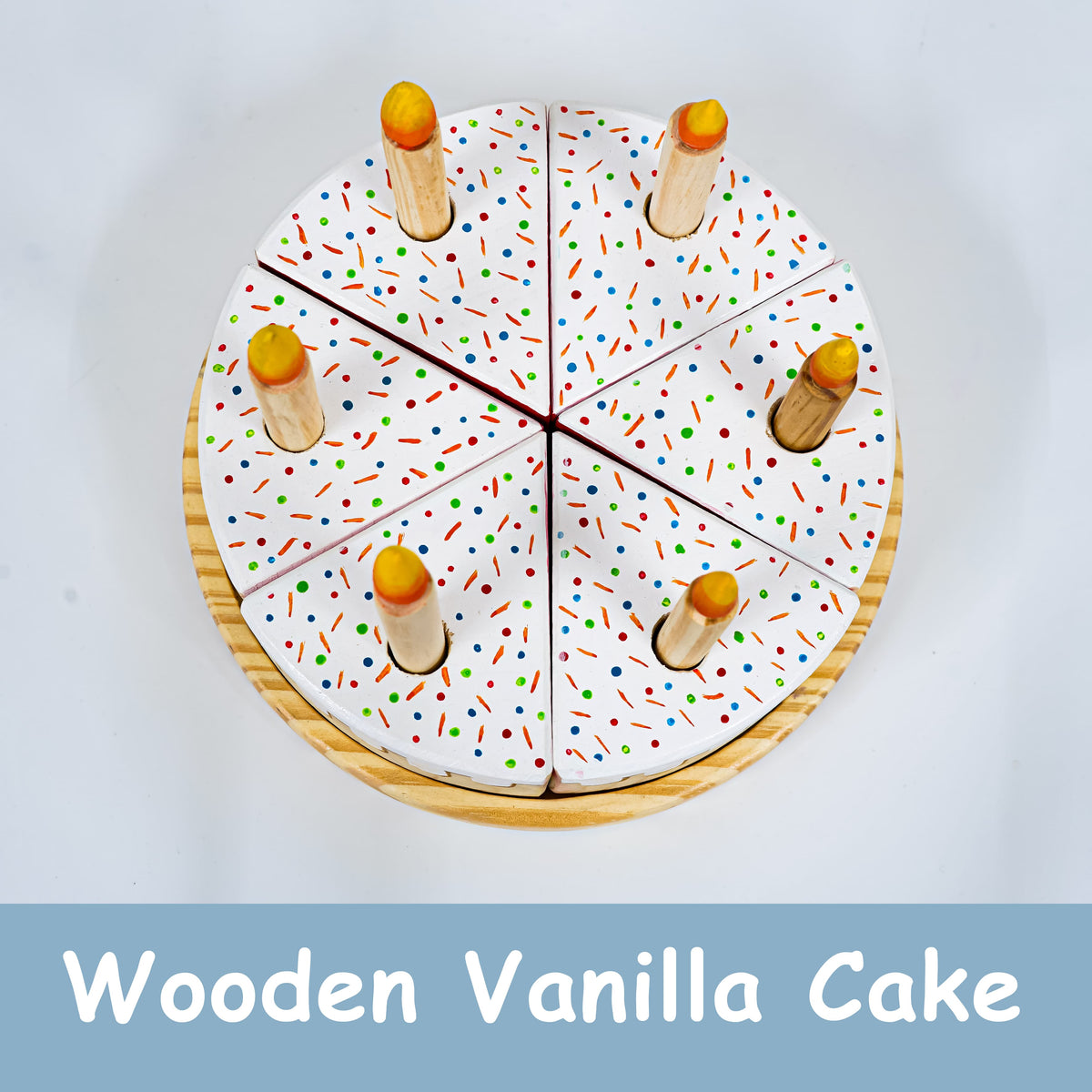 Wooden Rainbow-Filled Vanilla Cake Toy 6 Slices, 6 Removable Candles