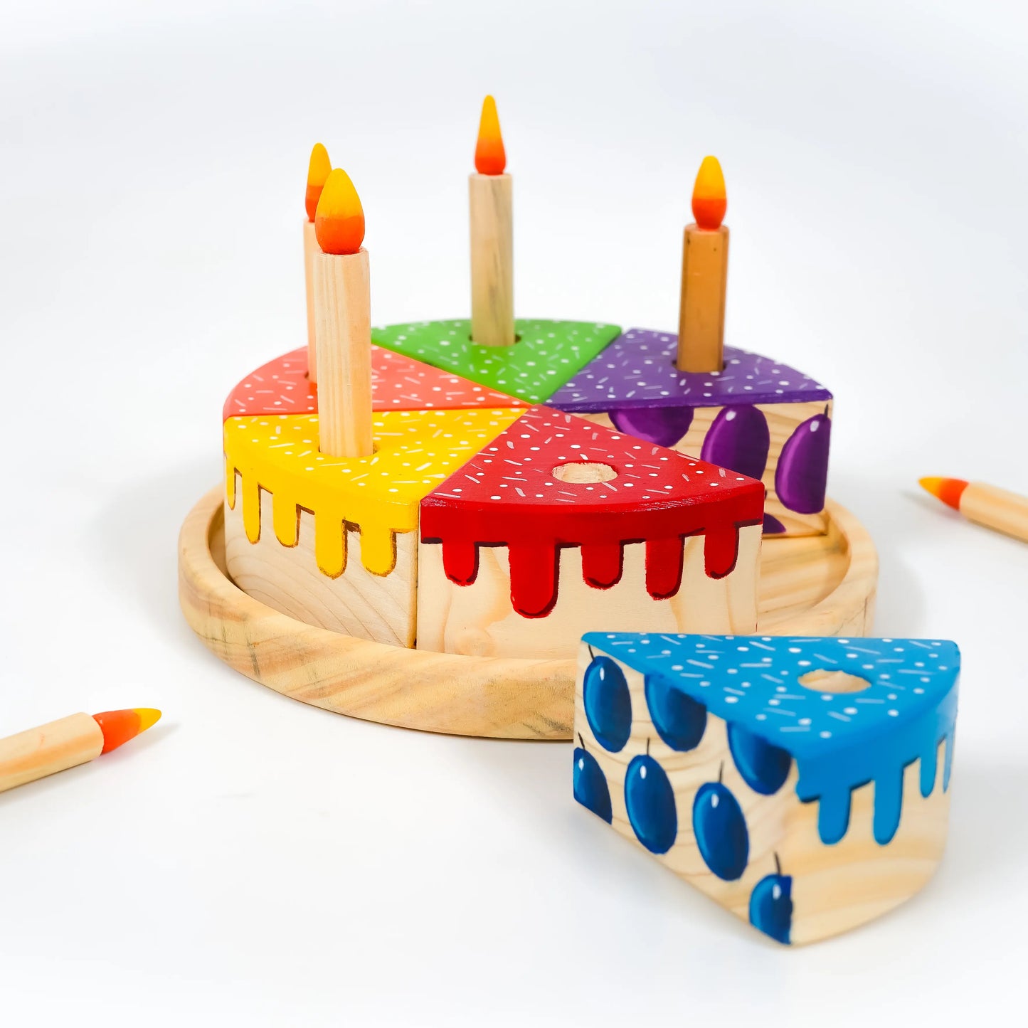 Wooden Rainbow Fruit Surprise Cake Toy 6 slices, 6 removable candles