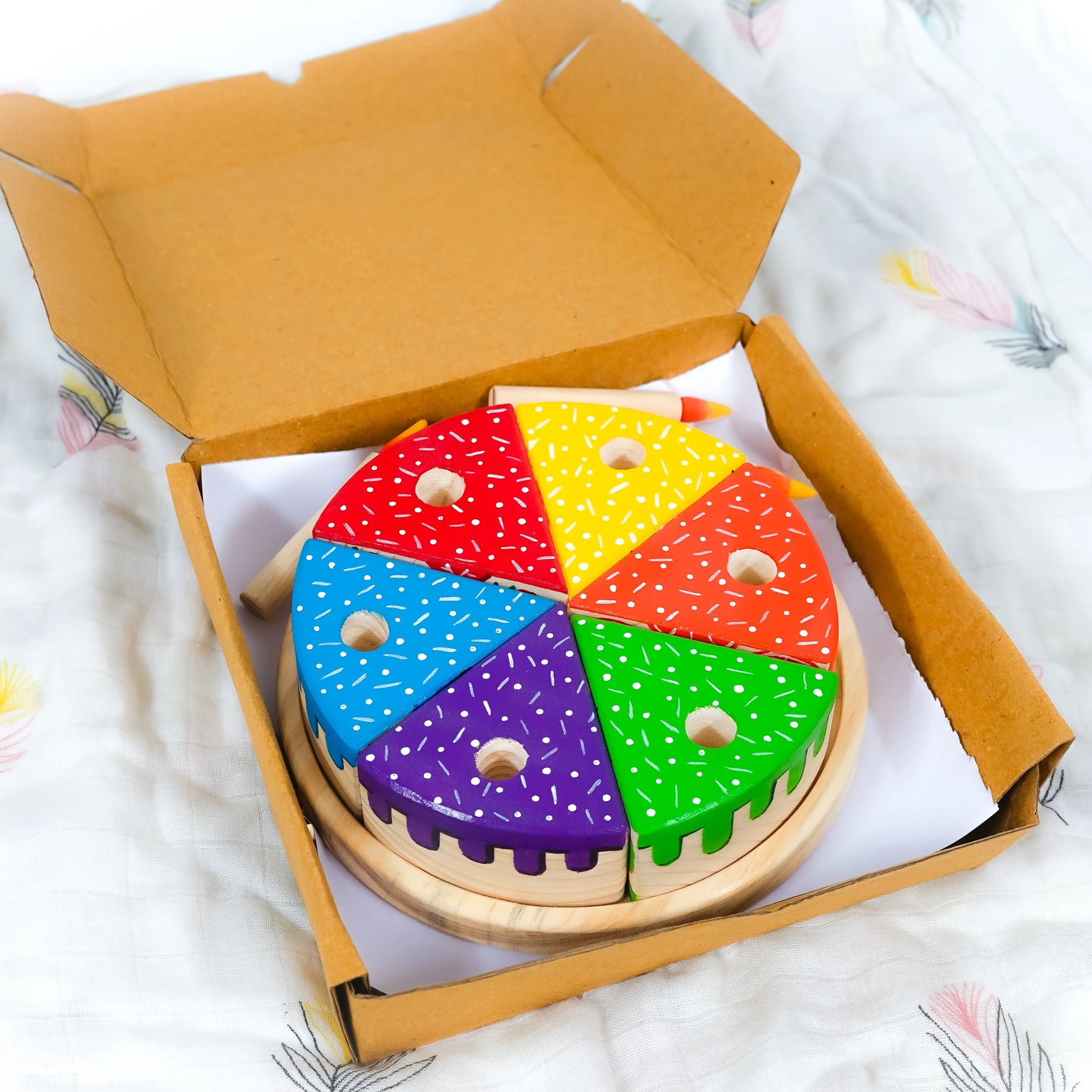 Wooden Rainbow Fruit Surprise Cake Toy 6 slices, 6 removable candles