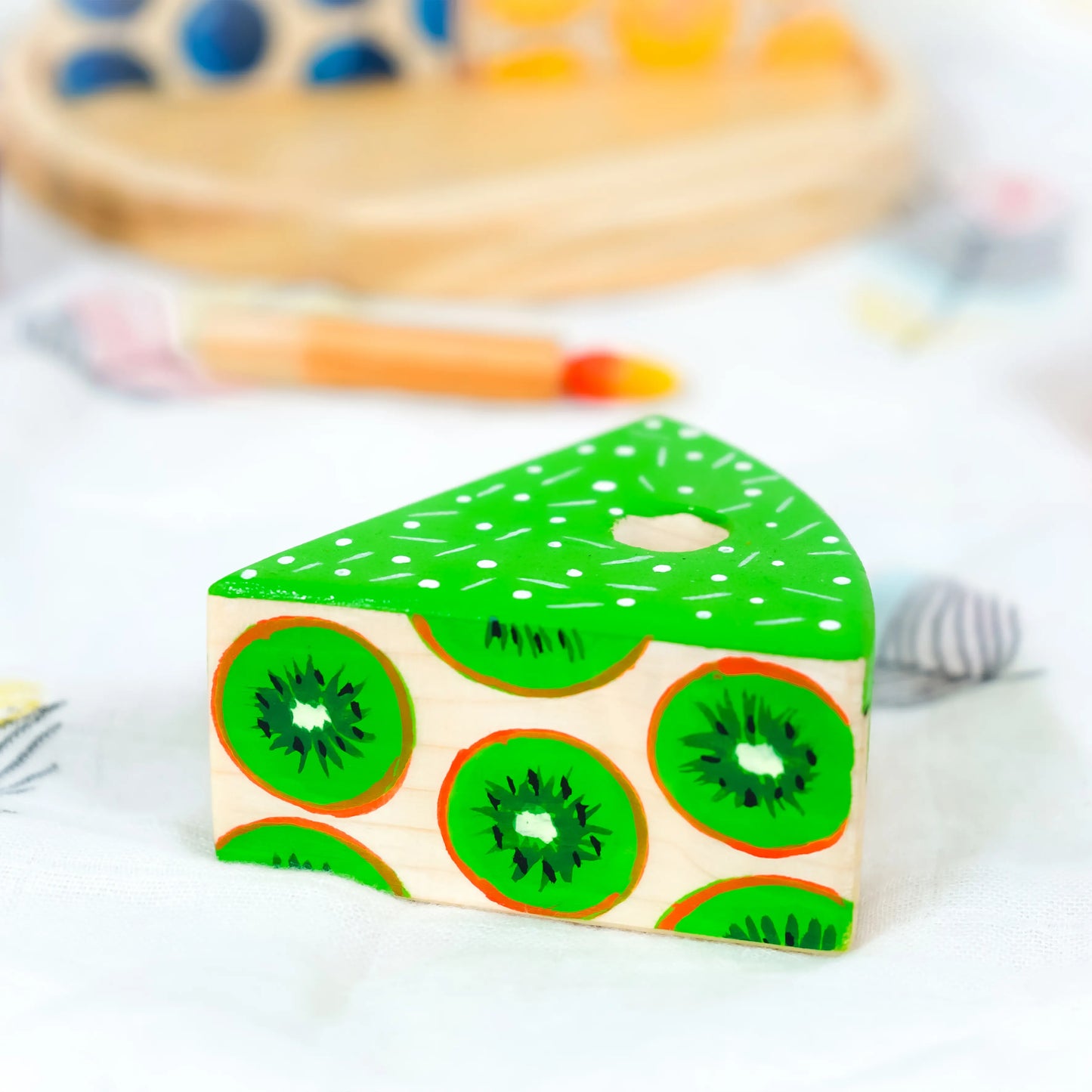Wooden Rainbow Fruit Surprise Cake Toy 6 slices, 6 removable candles