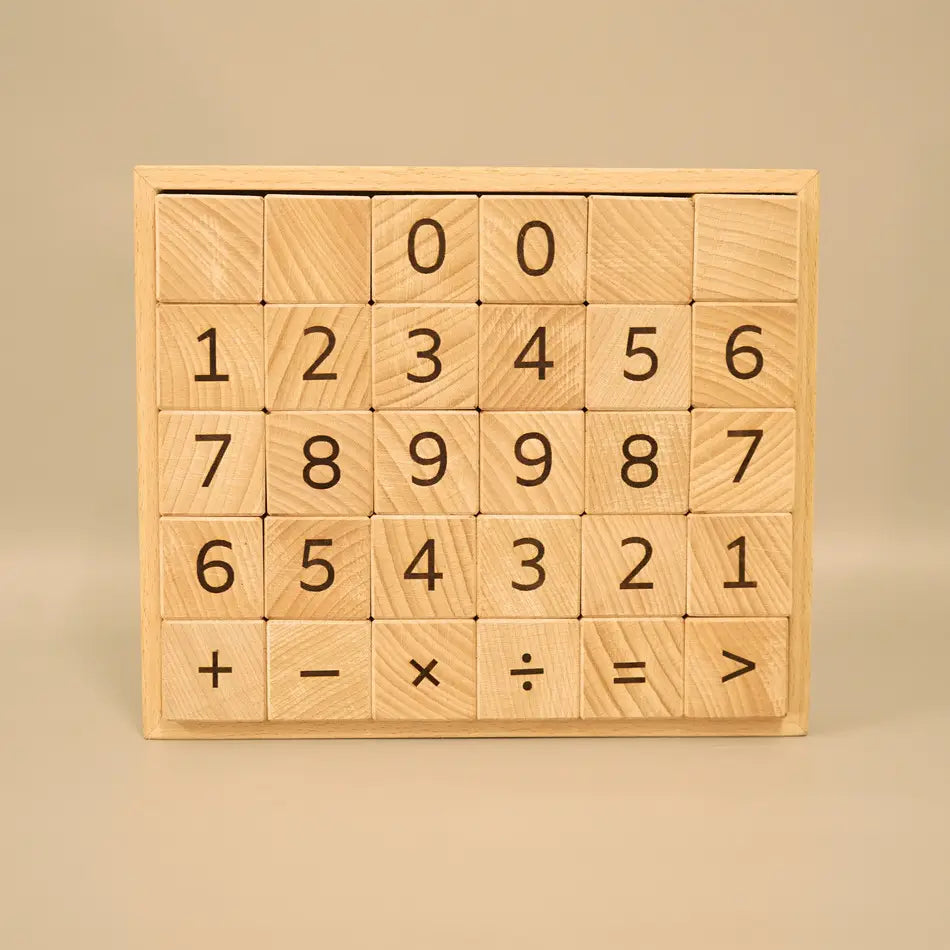 wooden numbers and mathematical symbols block toys
