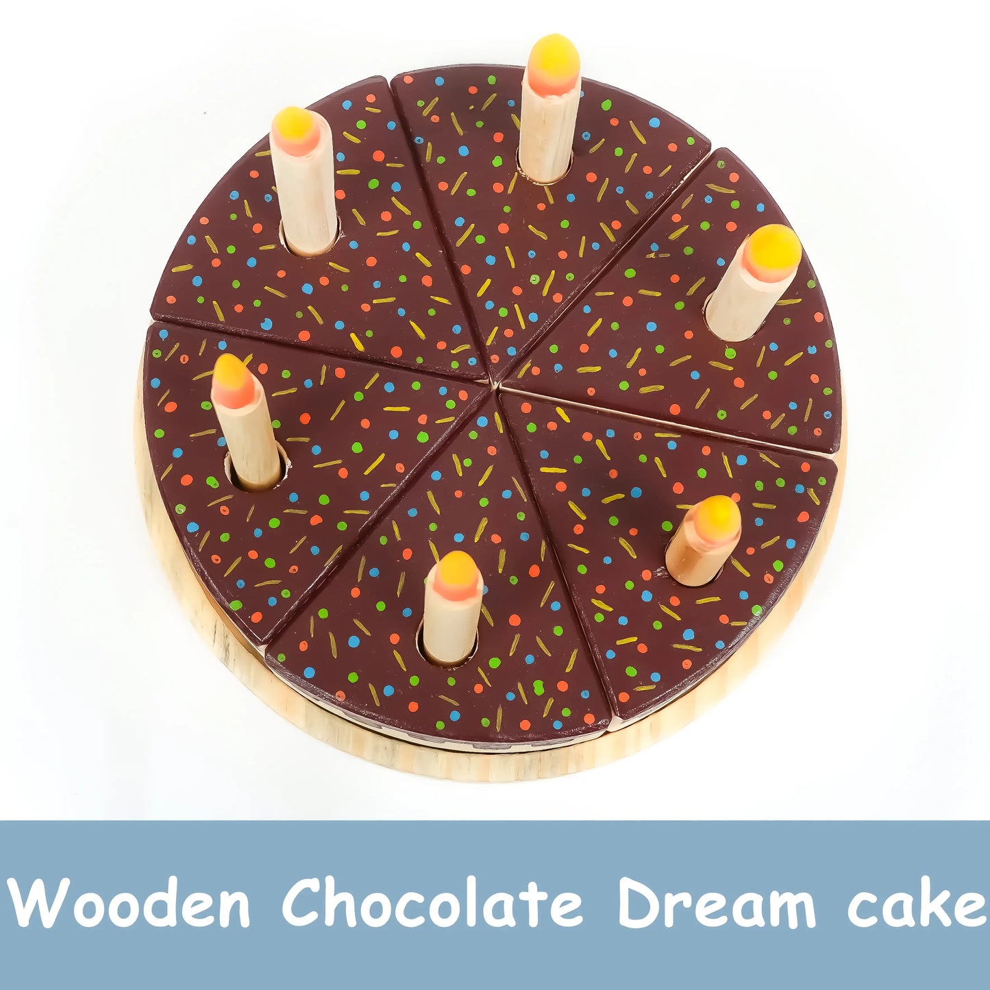Wooden Chocolate Dream Cake Toy 6 slices, 6 removable candles