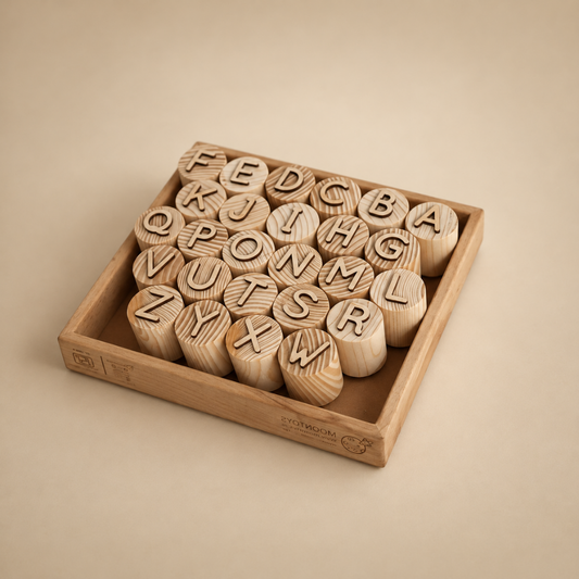 Moontoys Wooden Alphabet Stamps – Double-Sided Letter Picture Stamps