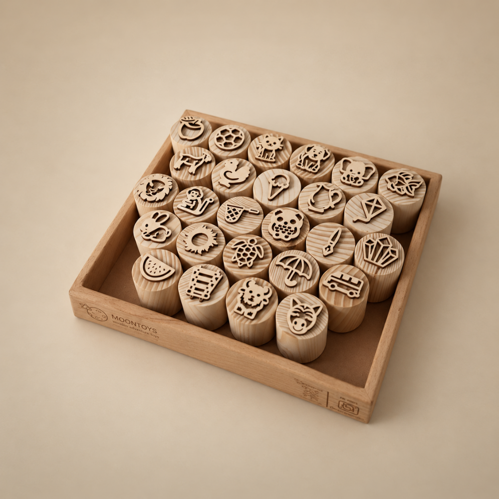 Moontoys Wooden Alphabet Stamps – Double-Sided Letter Picture Stamps