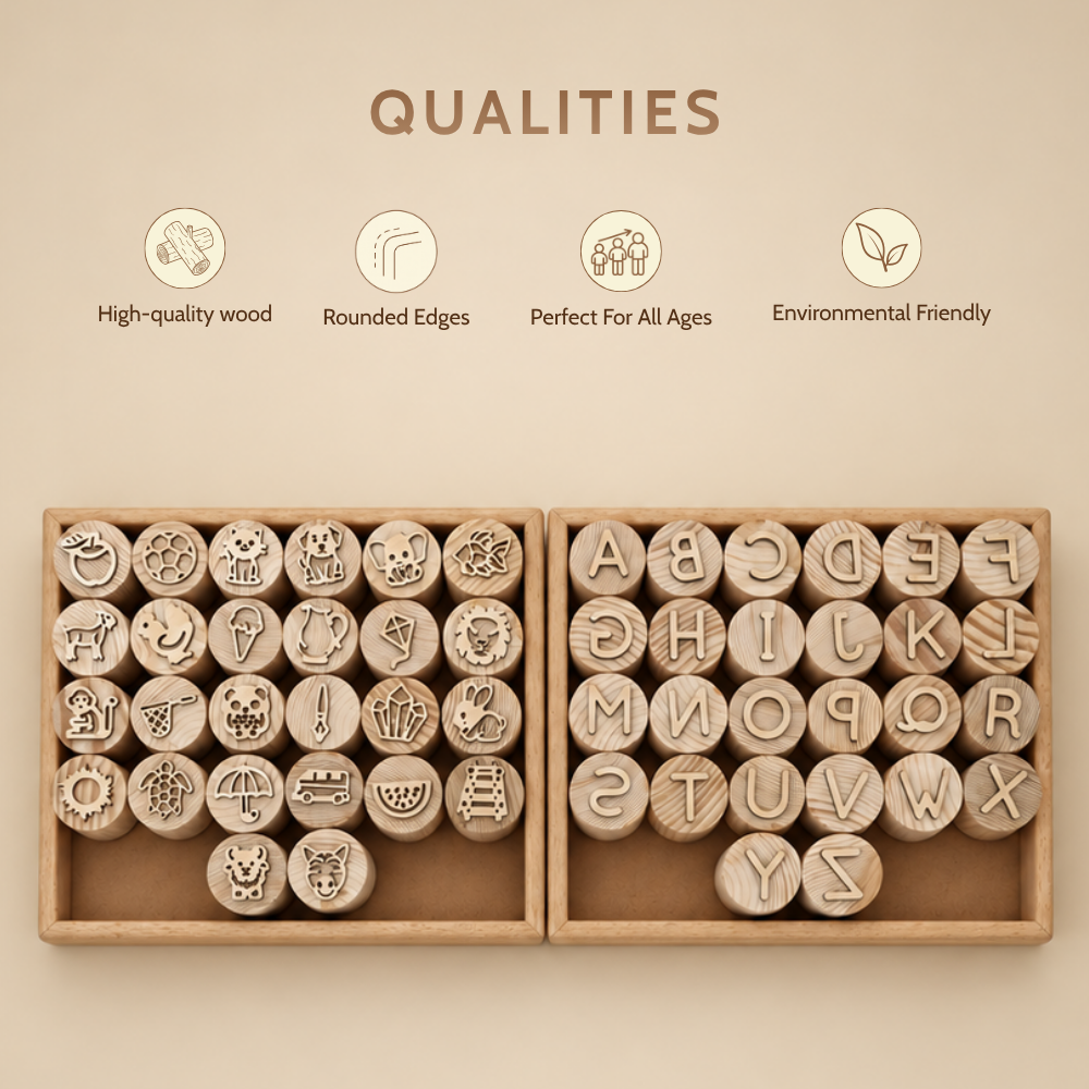 Moontoys Wooden Alphabet Stamps – Double-Sided Letter Picture Stamps