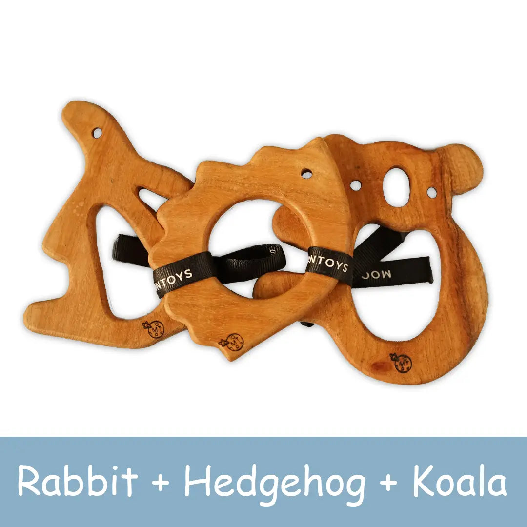 Wooden Rabbit + Hedgehog + Koala Teether Toys