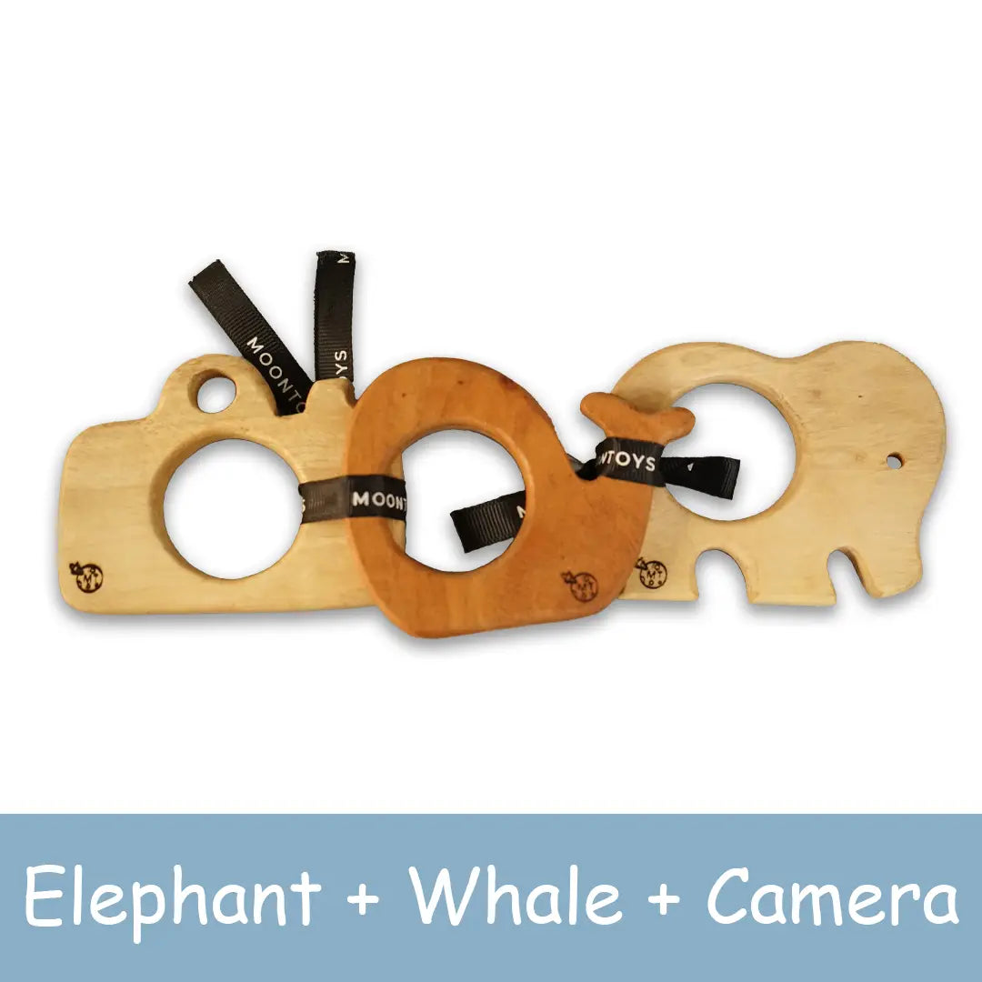 Wooden Elephant + Whale + Camera Teether Toys