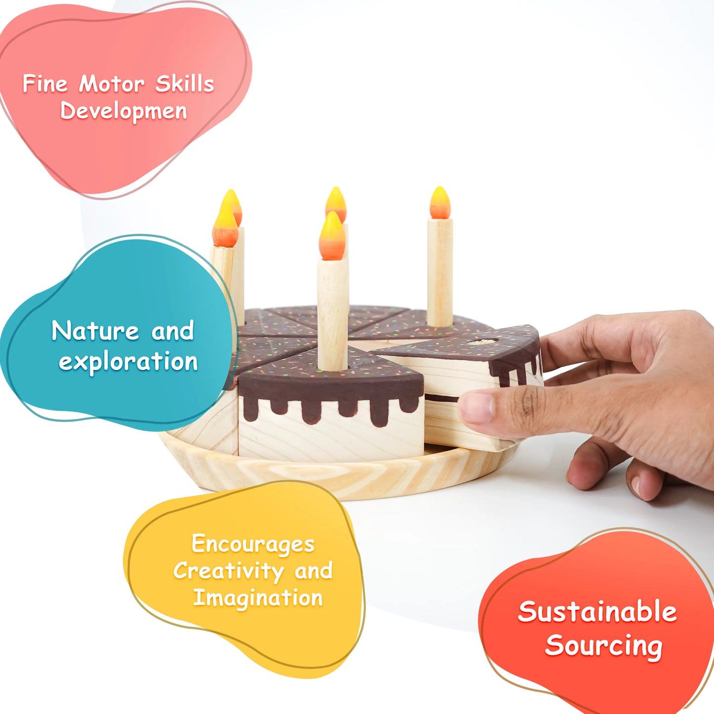 Wooden Chocolate Dream Cake Toy 6 slices, 6 removable candles