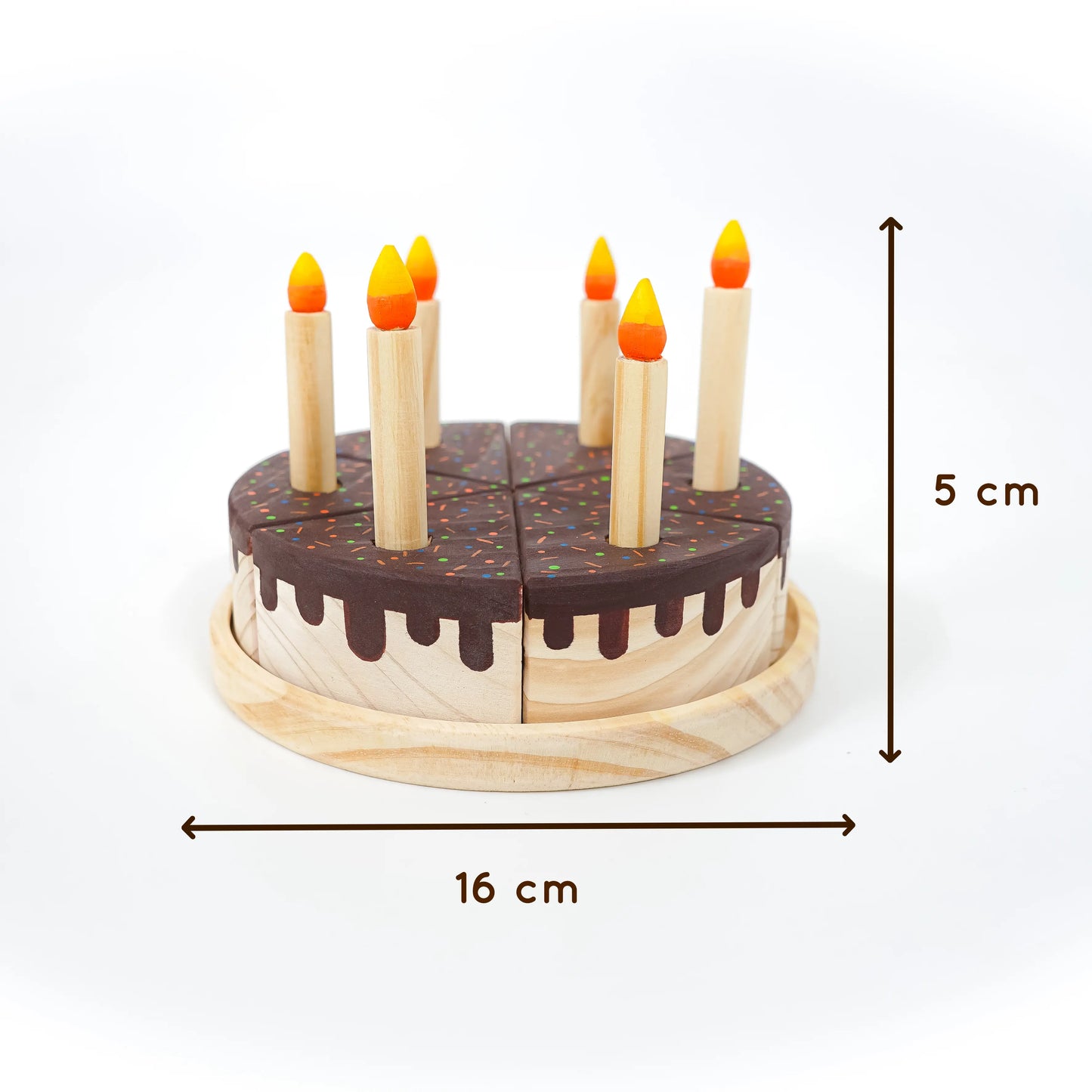 Wooden Chocolate Dream Cake Toy 6 slices, 6 removable candles