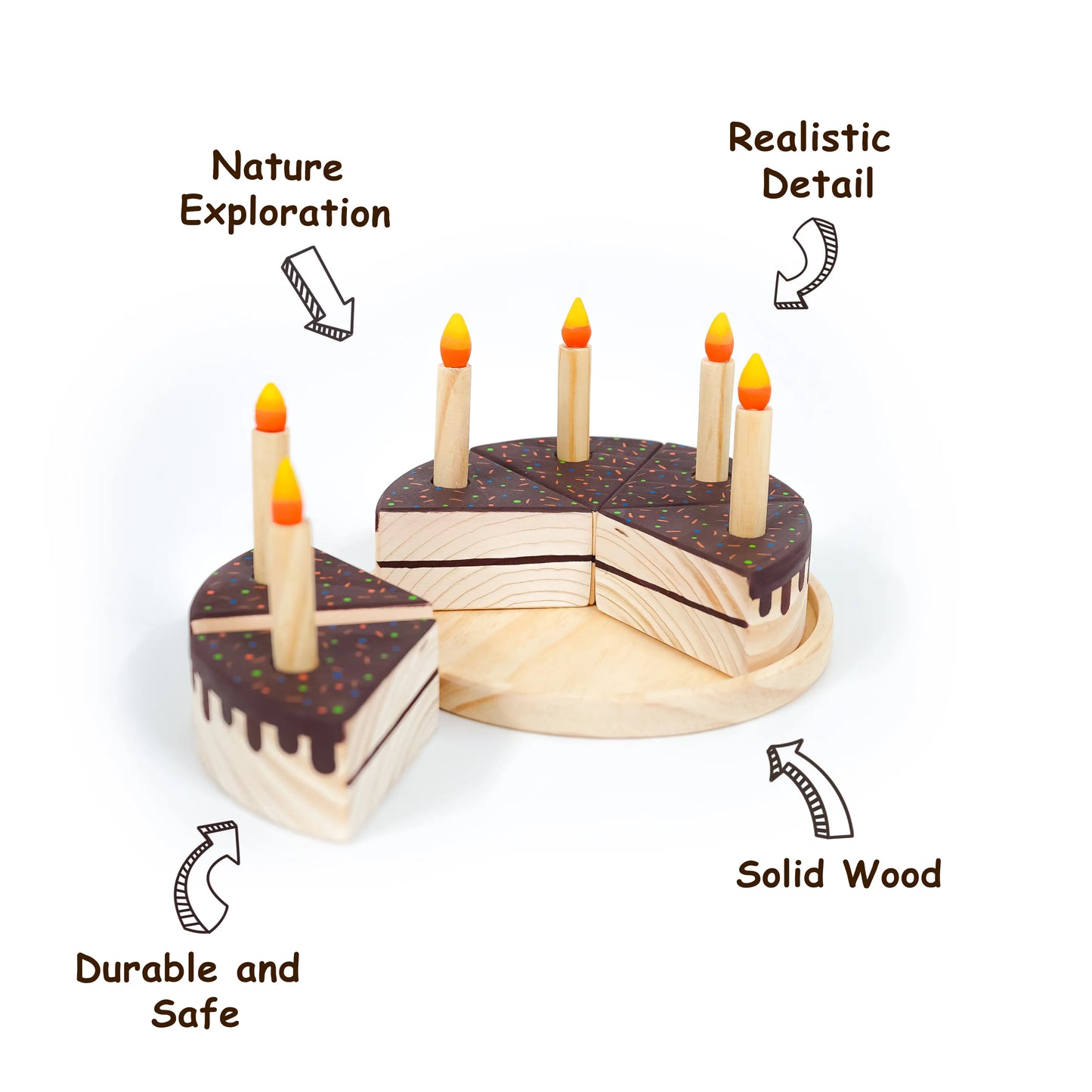 Wooden Chocolate Dream Cake Toy 6 slices, 6 removable candles
