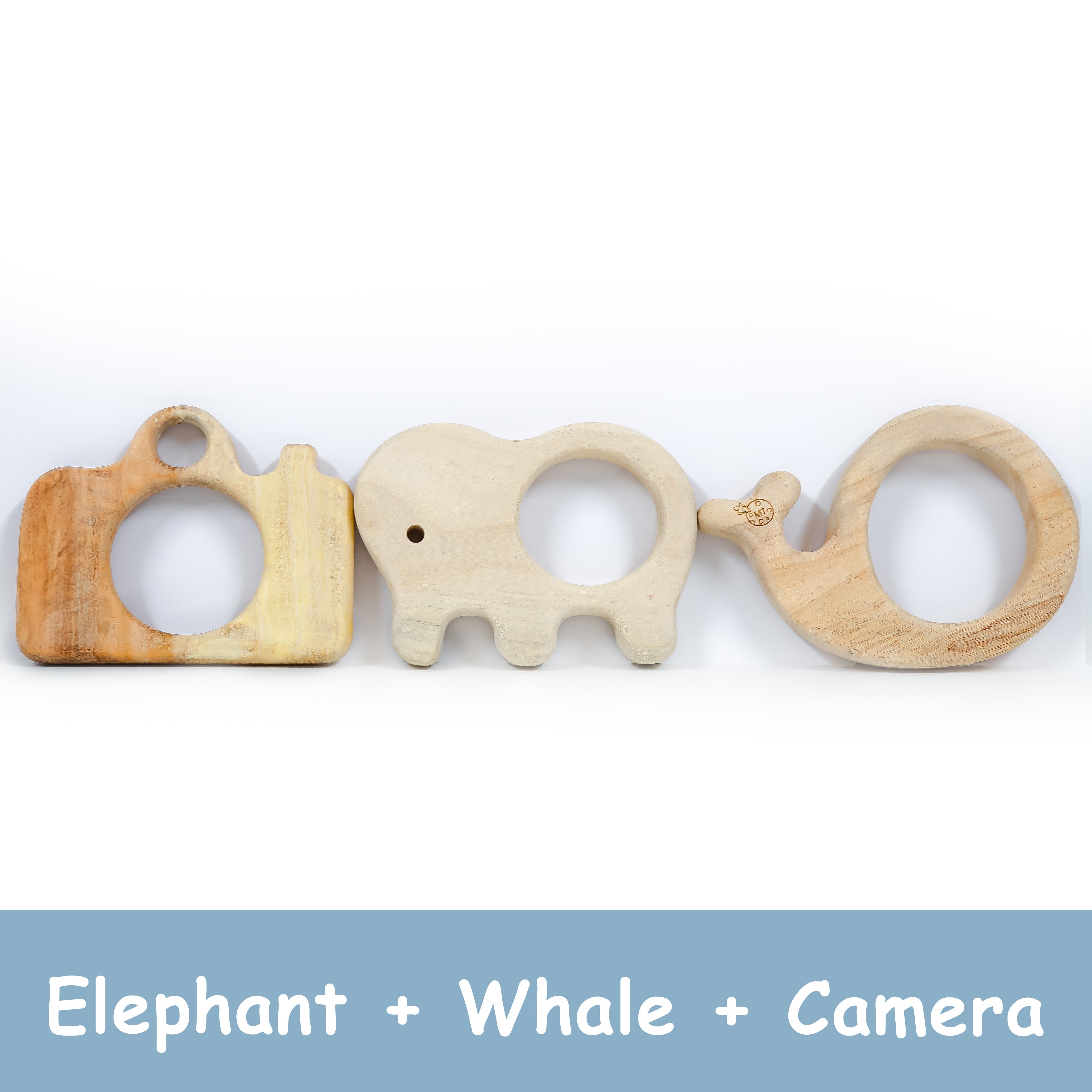 Wooden Teething Toys for Babies – Elephant + Whale + Camera