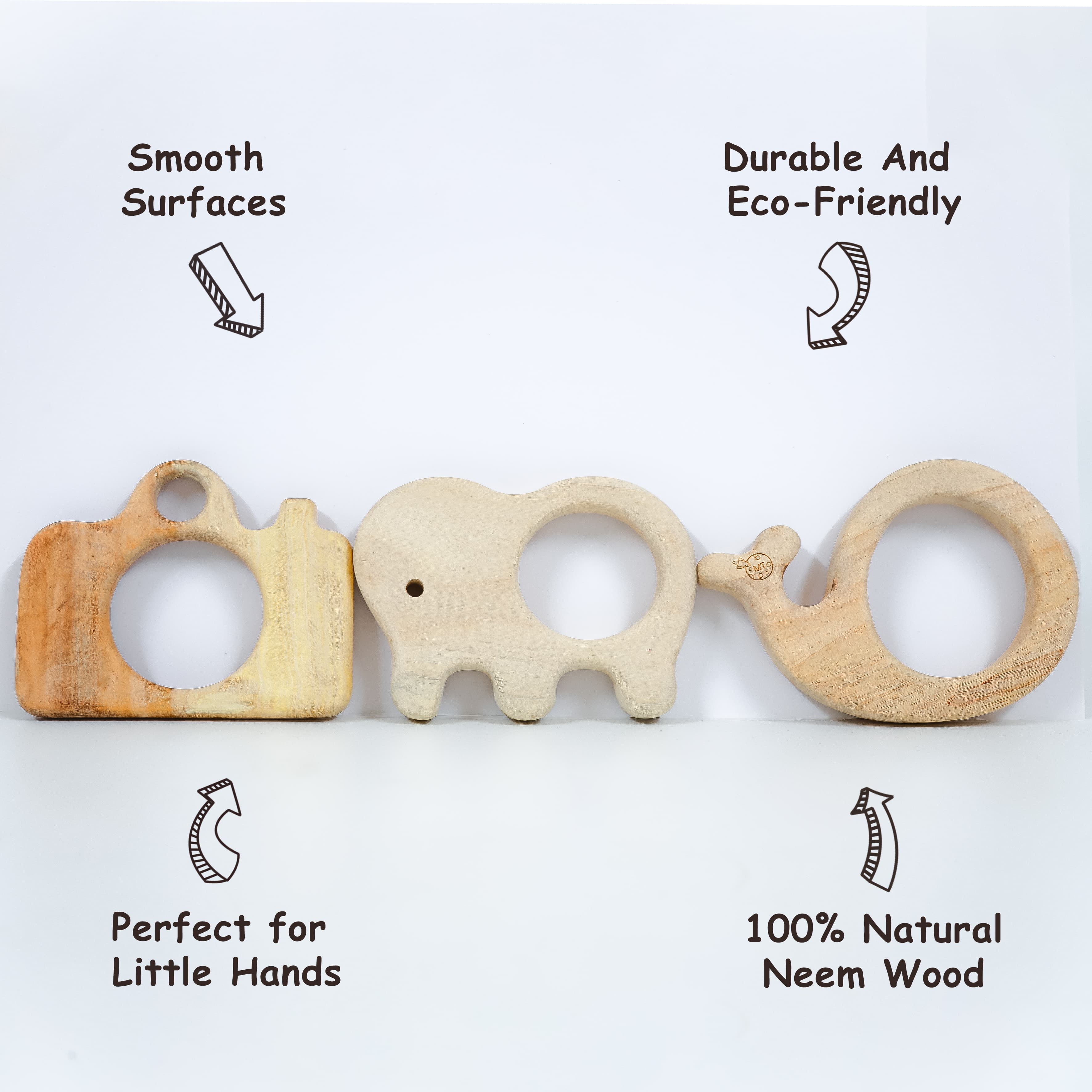 Wooden Teething Toys for Babies – Elephant + Whale + Camera