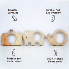 Wooden Teething Toys for Babies – Elephant + Whale + Camera