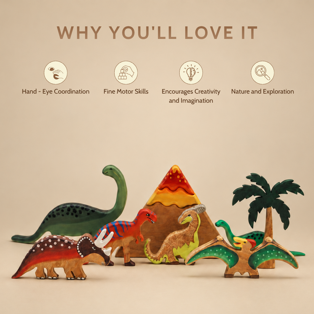 Jurassic World Wooden Dinosaur Toy Set – Eco-Friendly Neem Wood Educational Playset