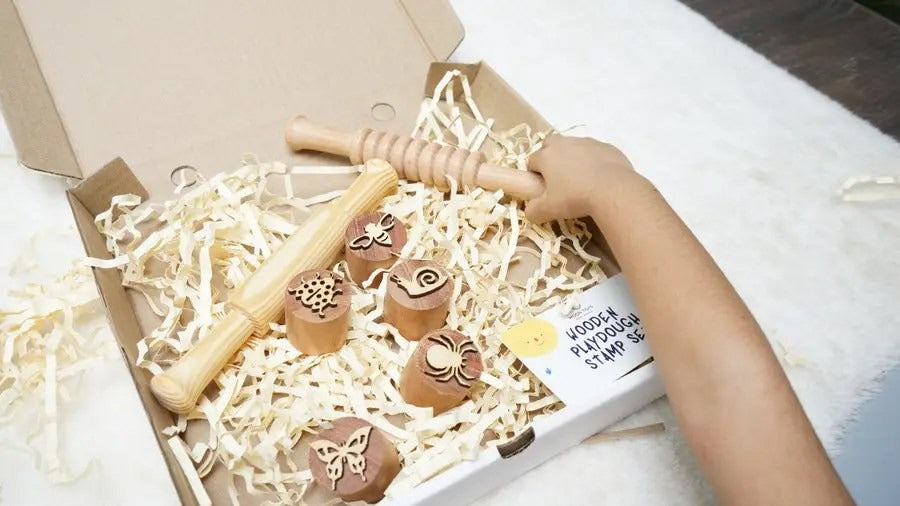 Playing Baby with Wooden Stamp Toys