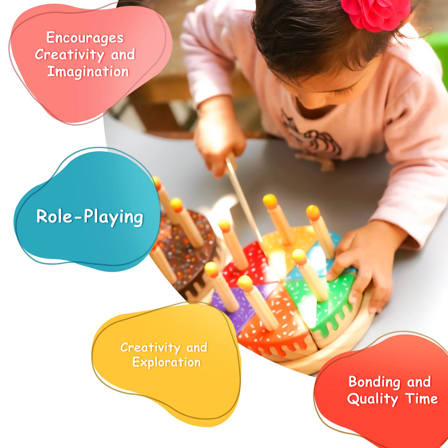 Wooden Rainbow Fruit Surprise Cake Toy 6 slices, 6 removable candles
