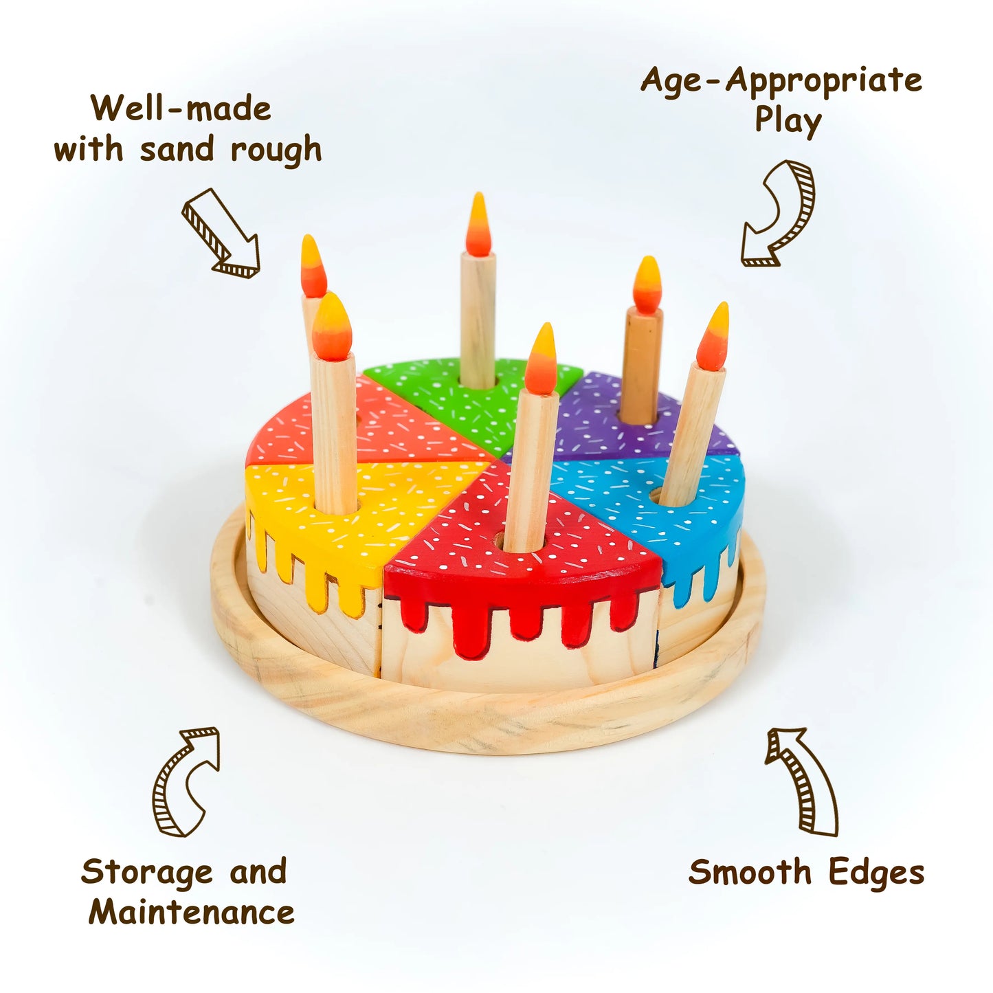 Wooden Rainbow Fruit Surprise Cake Toy 6 slices, 6 removable candles