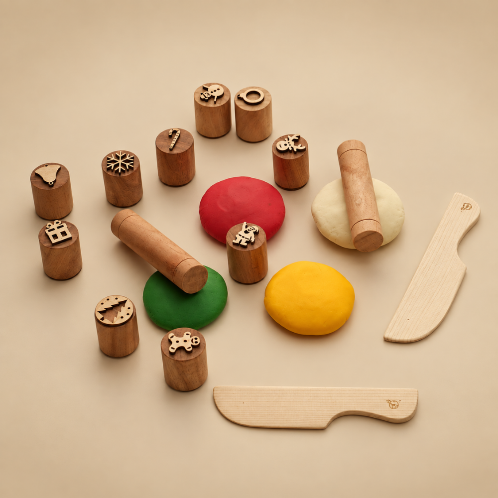 Christmas Wooden Stamp Set – 10 Piece Holiday Stamps with Dough Cutter & Roller