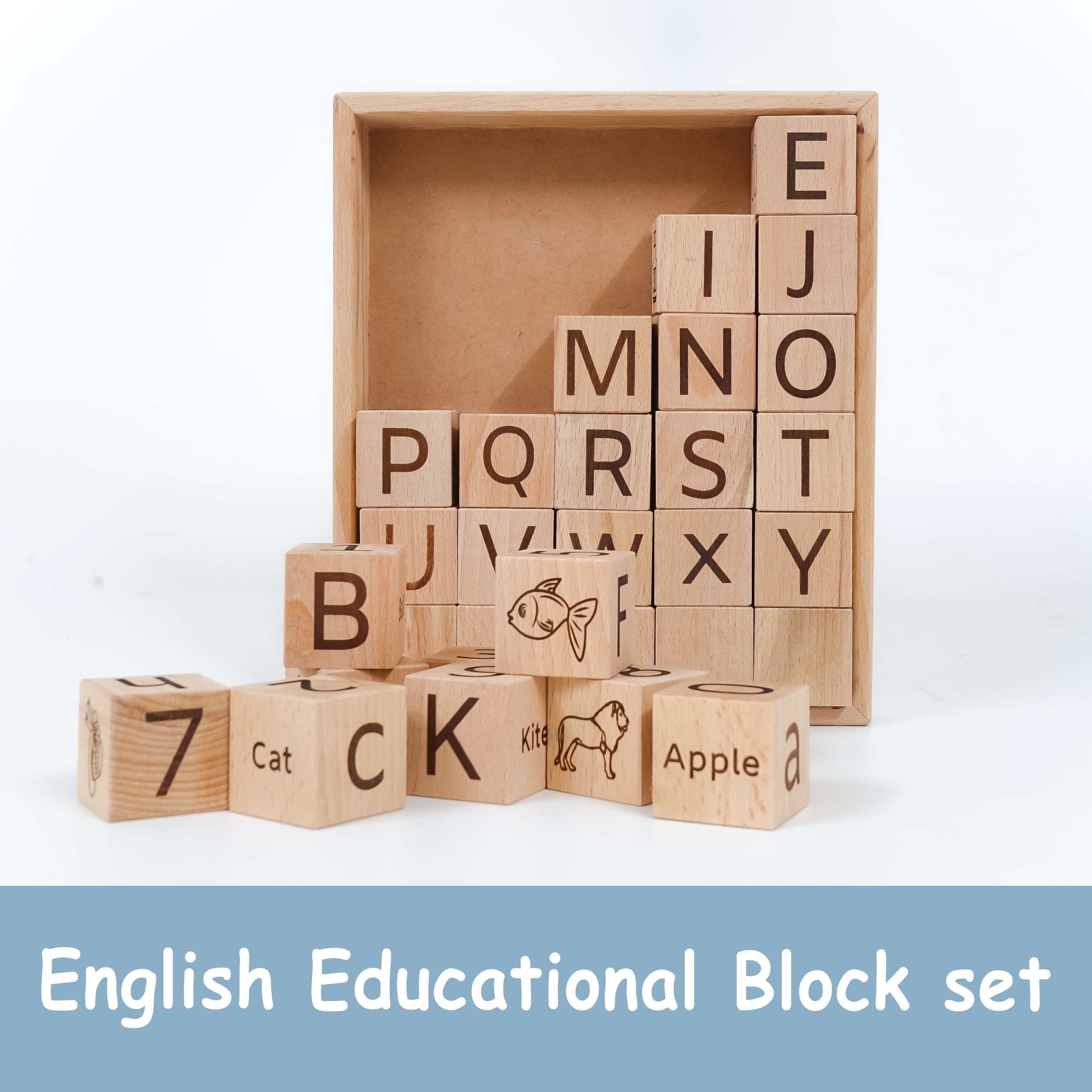 Wooden Toys – English Educational Blocks Set 30 blocks, 1 block storage tray