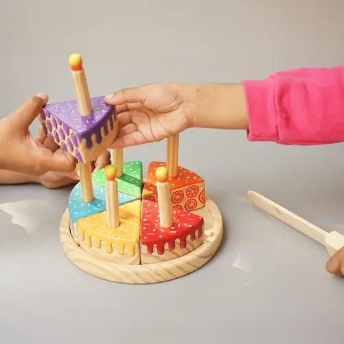 Playing Baby with  Wooden Rainbow Fruit Surprise Cake Toy