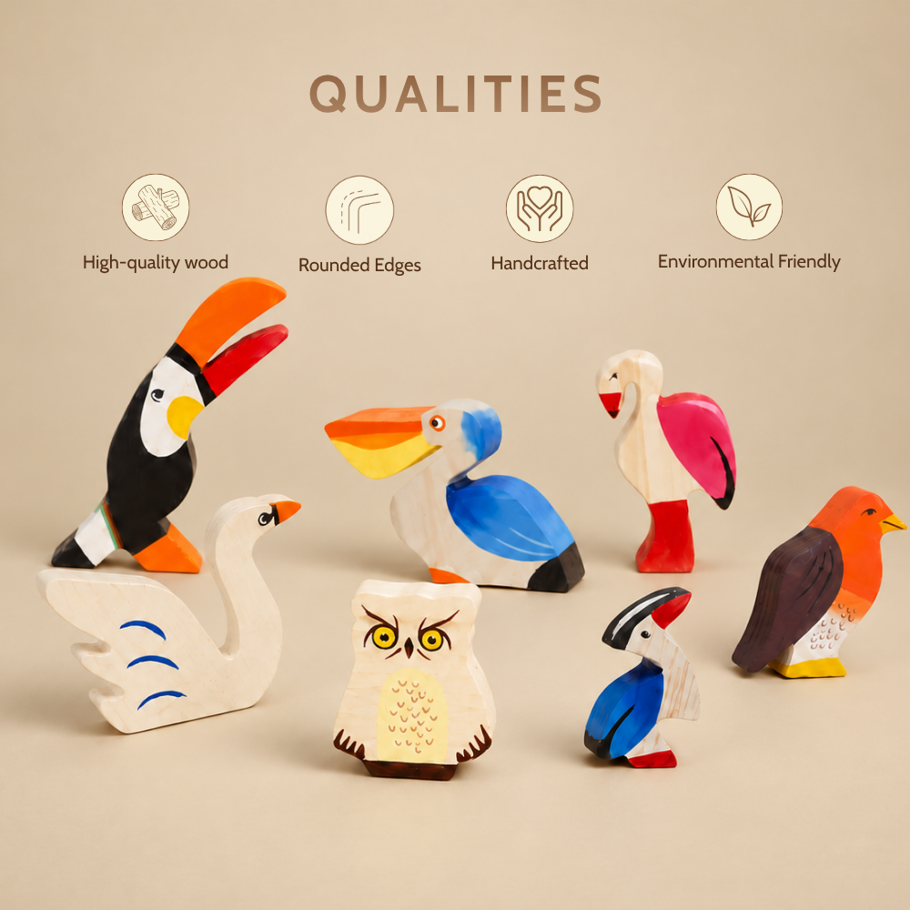 MoonBirds Wooden Bird Figurine Set – Neem Wood Montessori Toys