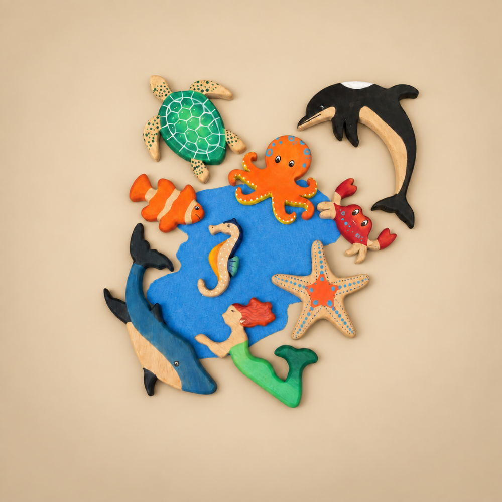 Wooden Ocean Animal Toys Set – Handcrafted Neem Wood Sea Creatures