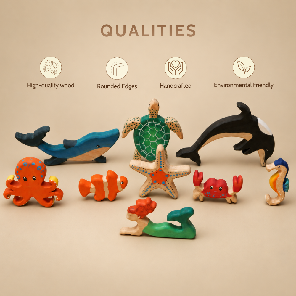 Wooden Ocean Animal Toys Set – Handcrafted Neem Wood Sea Creatures