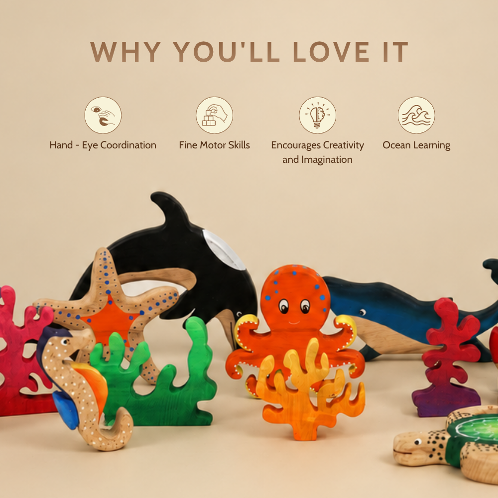 Wooden Ocean Animal Toys Set – Handcrafted Neem Wood Sea Creatures
