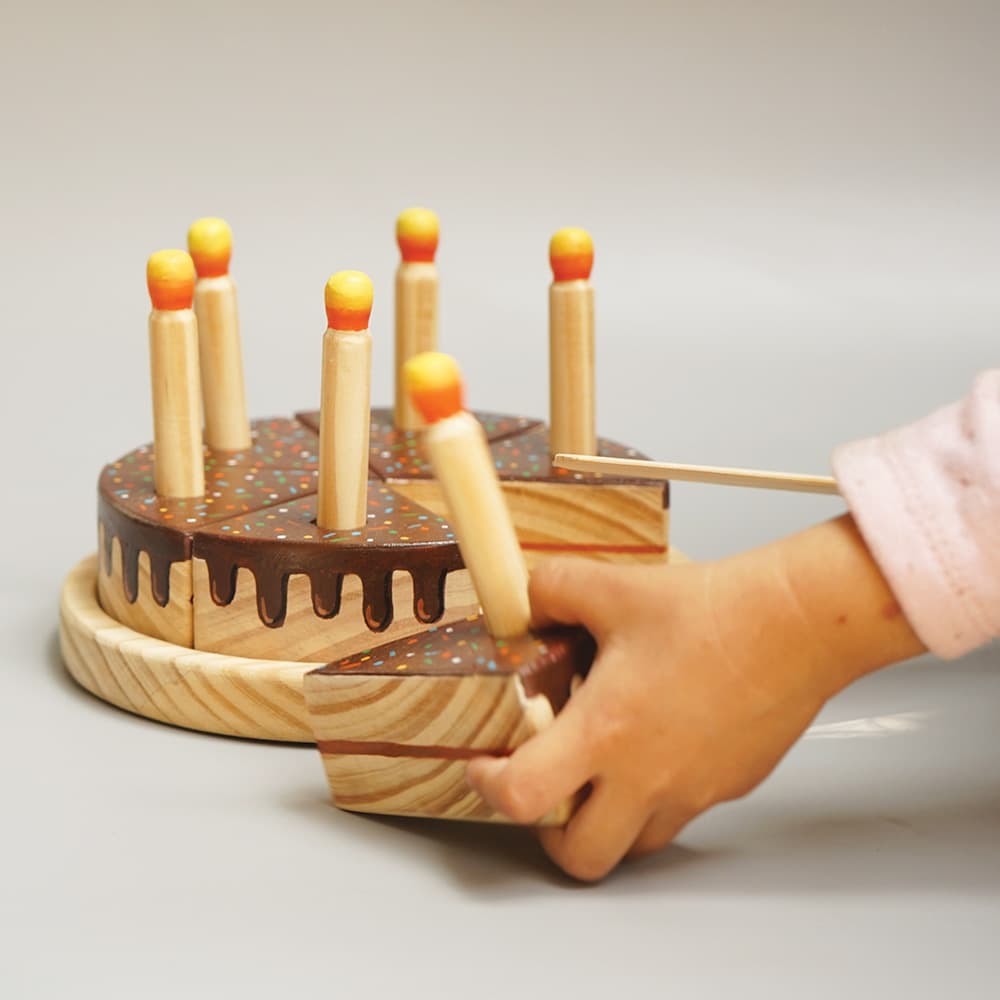Playing Baby with Wooden Cake Toys